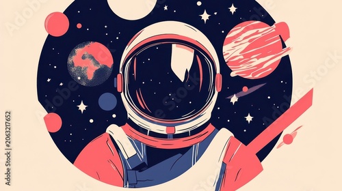 Illustration of astronaut with planets and stars in space