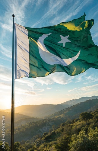 Waving Pakistan National Flag Over Scenic Mountain Landscape at Sunrise for Independence Day,  14 August.