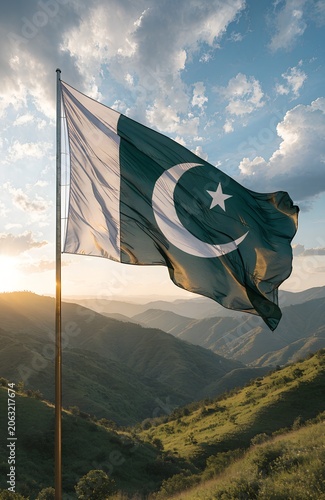 Waving Pakistan National Flag Over Scenic Mountain Landscape at Sunrise for Independence Day,  14 August.