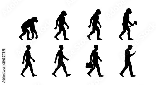 Human Evolution Silhouette Series, From Ape to Modern Man, Progress and Development Stages, Scientific Concept Vector Art
