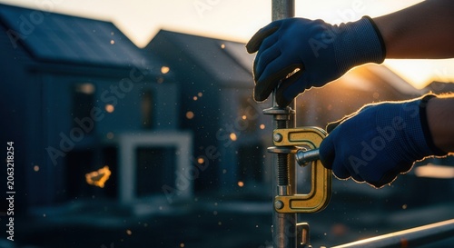 Construction And Building Process During Golden Hour Sunset With Worker Hands