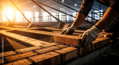 Construction And Industry Bricklayer Hands Placing Brick At Site