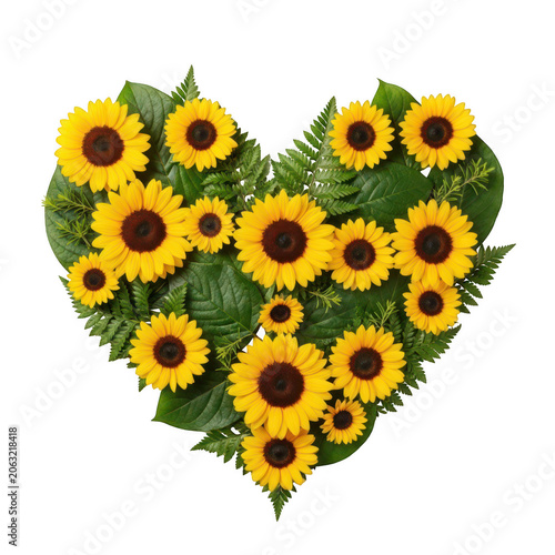 A heart-shaped arrangement of vibrant sunflowers in full bloom. isolated on transparent background