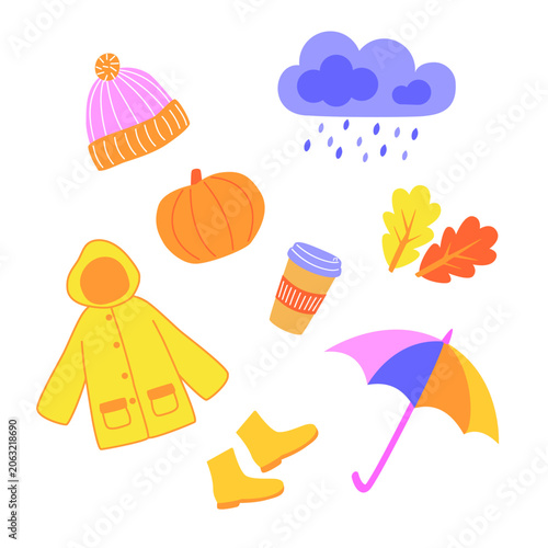 Bright autumn season sticker pack with yellow raincoat boots and umbrella icon set. Cozy vector cartoon collection of pumpkin warm drinks and rain cloud.