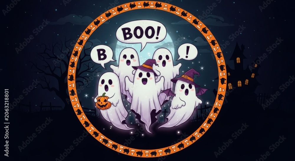 Fototapeta premium Halloween ghost circle howling spooky dark background with boo text and glowing eyes