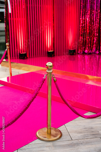 Pink Carpet with Golden Stanchions and Red Velvet Ropes at VIP Event Entrance