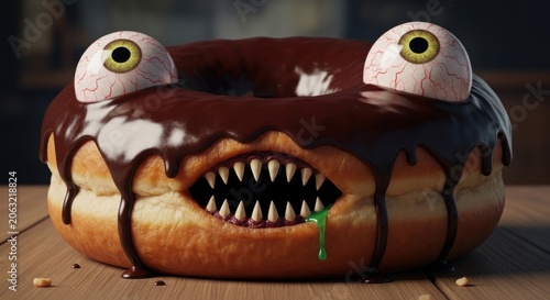 Halloween donut with bulging candy eyes and sharp teeth on wooden table spooky decoration