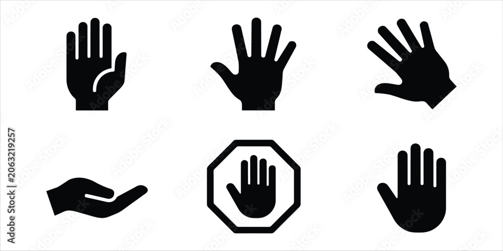 Fototapeta premium Black silhouette icons of hands showing stop gesture and open palm hand icon stop hand
