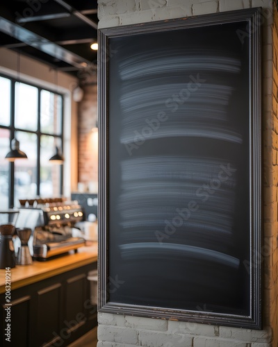 Blank Hanging Chalkboard on Wall for Advertising, Marketing Messages and Business Announcements. High-quality professional photograph featuring a blank black chalkboard or blackboard panel hanging 