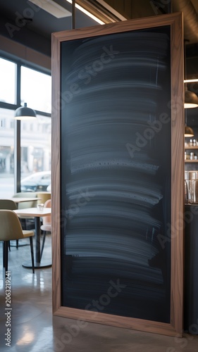 Blank Hanging Chalkboard on Wall for Advertising, Marketing Messages and Business Announcements. High-quality professional photograph featuring a blank black chalkboard or blackboard panel hanging 