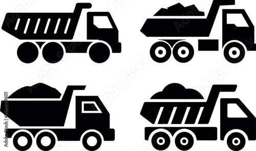 Photos Four black dump trucks with different load styles isolated icon set