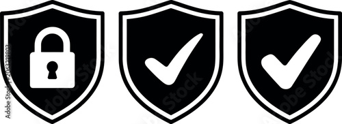 Schilderij op canvas Three security shield icons with lock and check marks