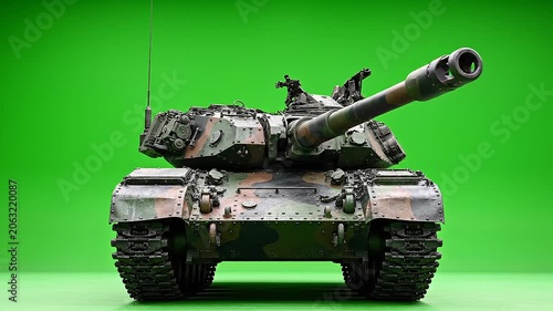 Front View Heavy Battle Tank with Rotating Turret on Green Screen