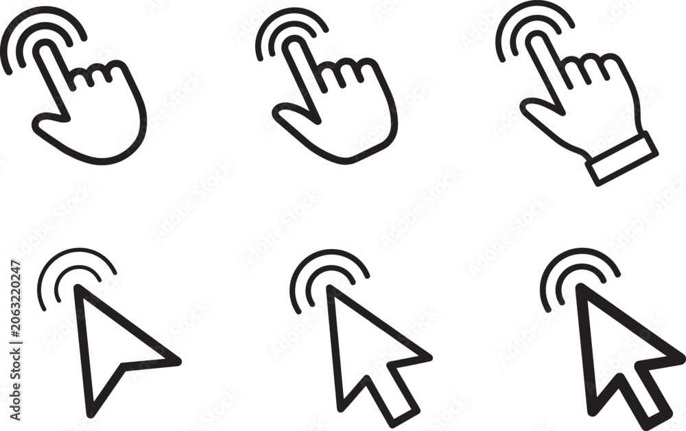 Fototapeta premium Cursor icons showing hand and arrow pointers with click animation vector illustration