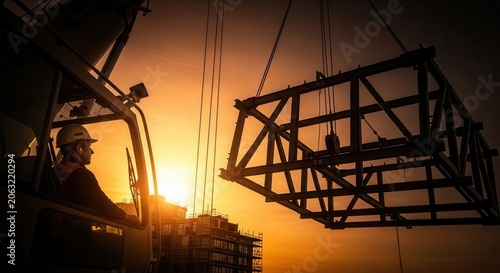 Construction Crane Operator Guiding Steel Structure During Golden Hour Sunset