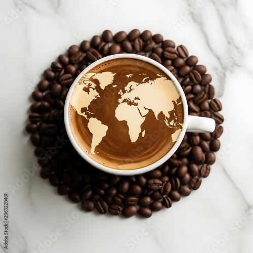 Coffee cup with world map design on surface surrounded by coffee beans on marble countertop