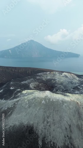 Aerial Over Steaming Crater Rim Of Anak Krakatau Volcano