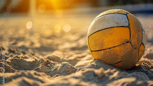 Close-up of a volleyball on the sand, featuring text copy space, ideal for vacation and beach holiday themes.