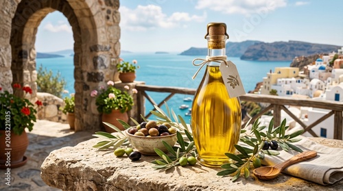 Extra Virgin Olive Oil Bottle on Stone Wall with Tuscan Vineyard Background
