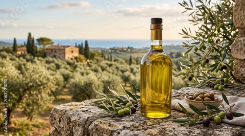 Premium Greek Olive Oil Mockup Bottle with Santorini Island Sea View