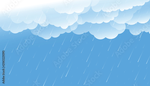 Rain falling from clouds on blue background