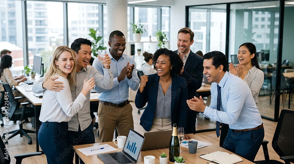 Obraz premium Diverse business team celebrating success in a modern bright office