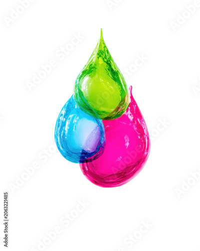 Abstract glossy liquid droplets in cyan magenta and green stacked like energy symbol