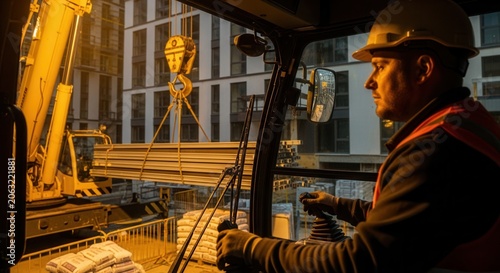 Construction Crane Operator Oversees Material Lift At Dusk Building Site