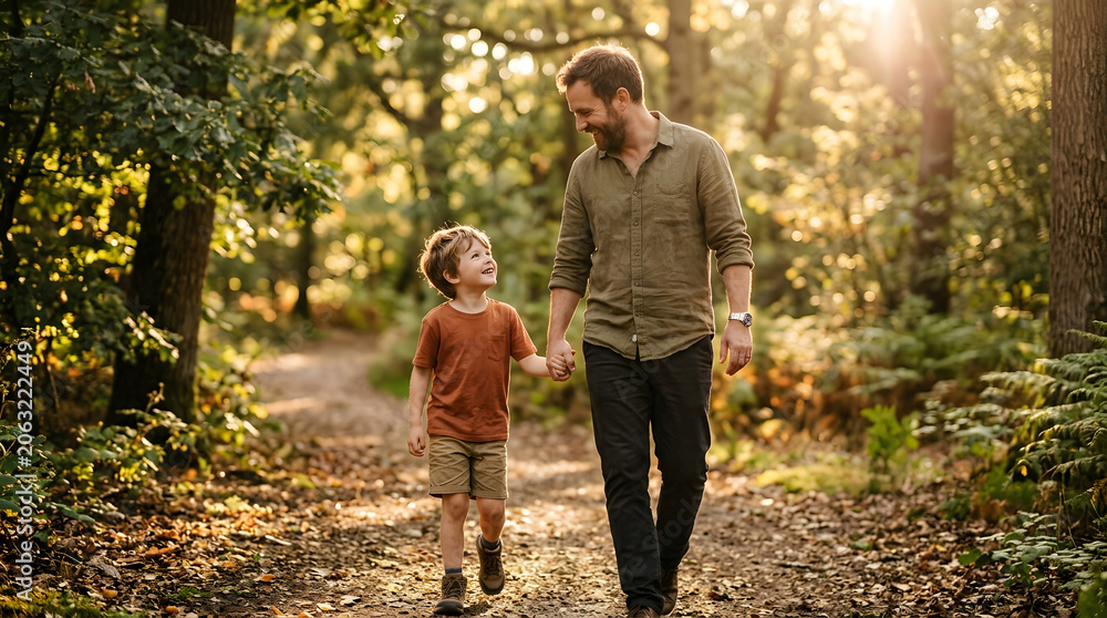 Fototapeta premium Smiling father and son walking hand in hand in sunny forest