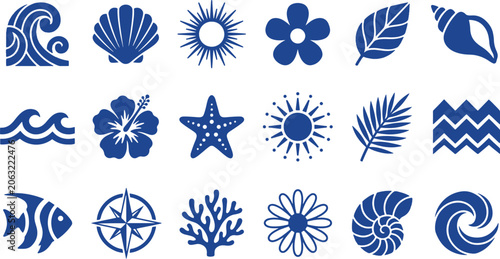 Blue beach icons set with ocean and tropical symbols