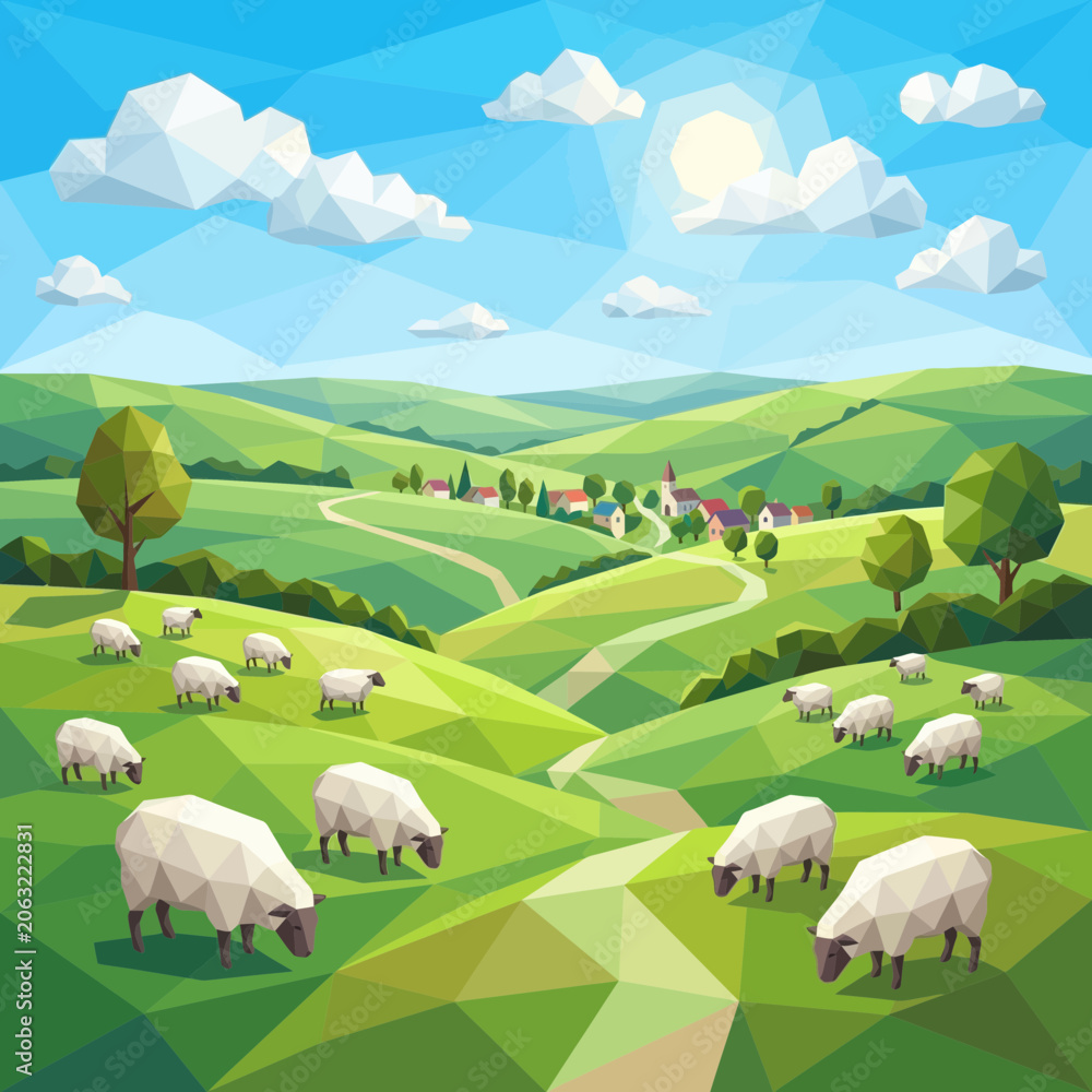 Fototapeta premium Low Poly Sheep Grazing in Sunny Rural Hills Village Landscape
