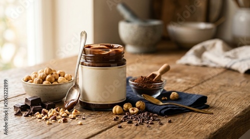 Premium Chocolate Hazelnut Spread Jar Mockup with Cocoa Powder
