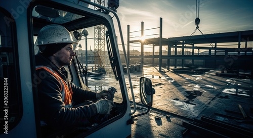 Construction Crane Operator Working At Sunrise During Building Development