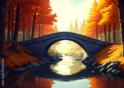 Autumn landscape with a stone bridge and river