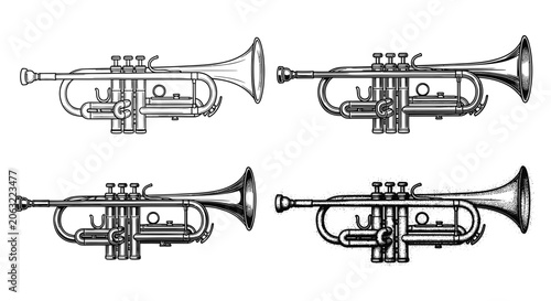 Cuadro en lienzo Trumpet musical instrument sketches in vintage engraved style
