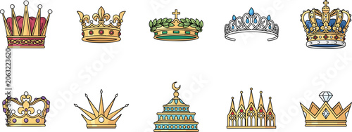 Canvastavla Set of ten vector illustration of various crowns and tiaras isolated on transparent background for royal design elements
