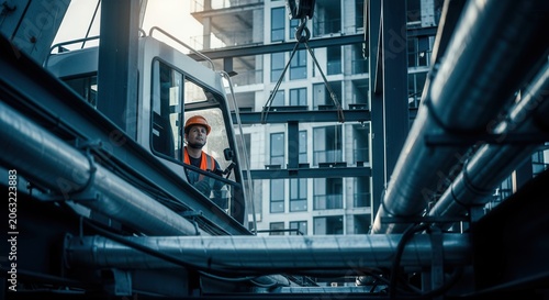 Construction Crane Operator Working On High Rise Building Project