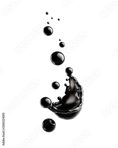 Glossy black liquid splash with floating droplets isolated on transparent background