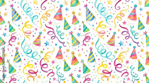 Colorful birthday party hats and confetti on white background