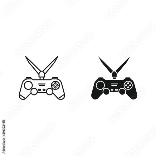 Two game controllers one black and one white side by side with video game con