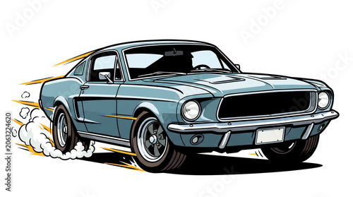 Blue vintage muscle car drifting with motion blur and tire smoke.