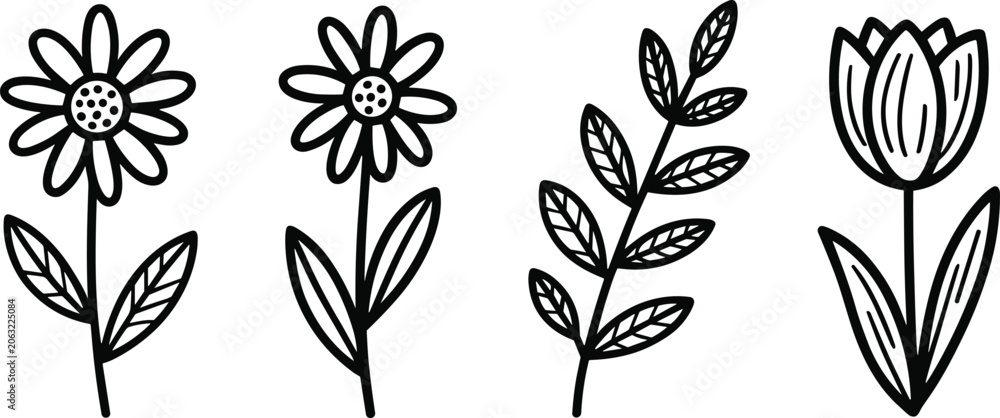 Obraz premium Set of simple hand drawn floral elements isolated vector illustration