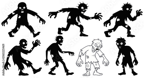 Bild auf Leinwand Set of spooky cartoon zombie silhouettes in various poses