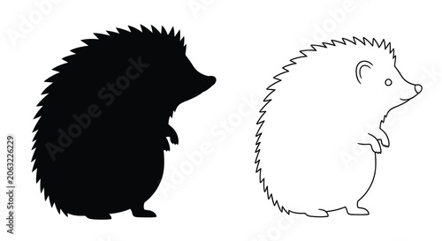 Canvas Print Hedgehog Silhouette And Outline Black And White Vector Illustration