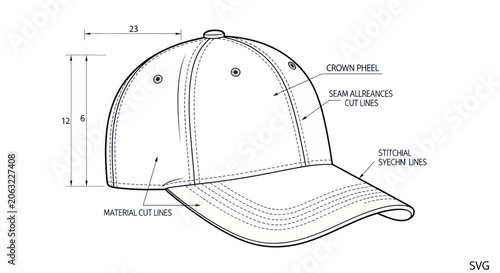 Bild auf Leinwand Baseball cap technical drawing with measurement specifications