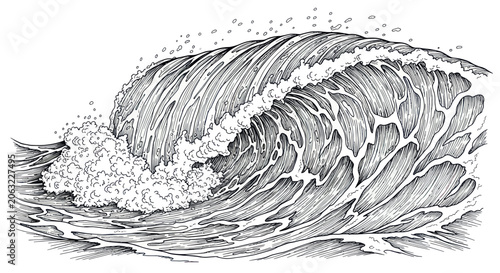Photos Powerful crashing ocean wave with sea foam and spray line art