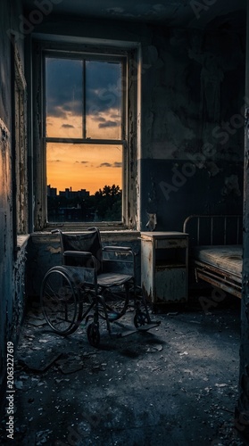 Abandoned Hospital Room With Wheelchair And Sunset View