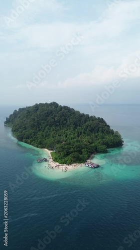 Aerial Of Tropical Jungle Island Beach Boats And Coral Reef