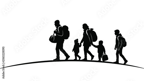 Silhouette of family migrating with bags on white background