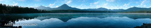 Blue Mountain Lake Panorama with Forest Reflection, Calm Wilderness Nature Landscape Animation, Widescreen Loop